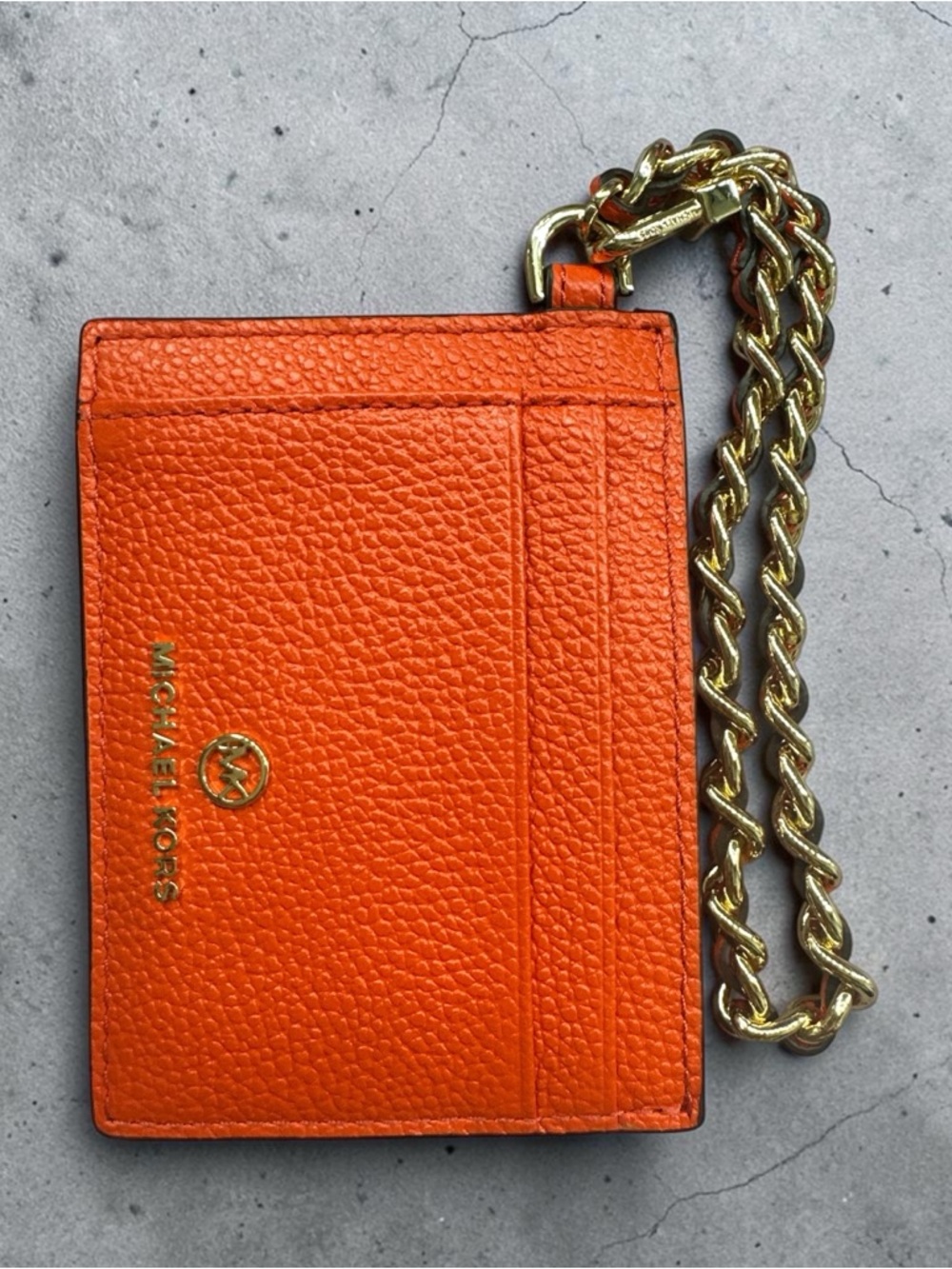 Michael Kors Orange Pebbled Leather Card Case with Gold Chain Strap